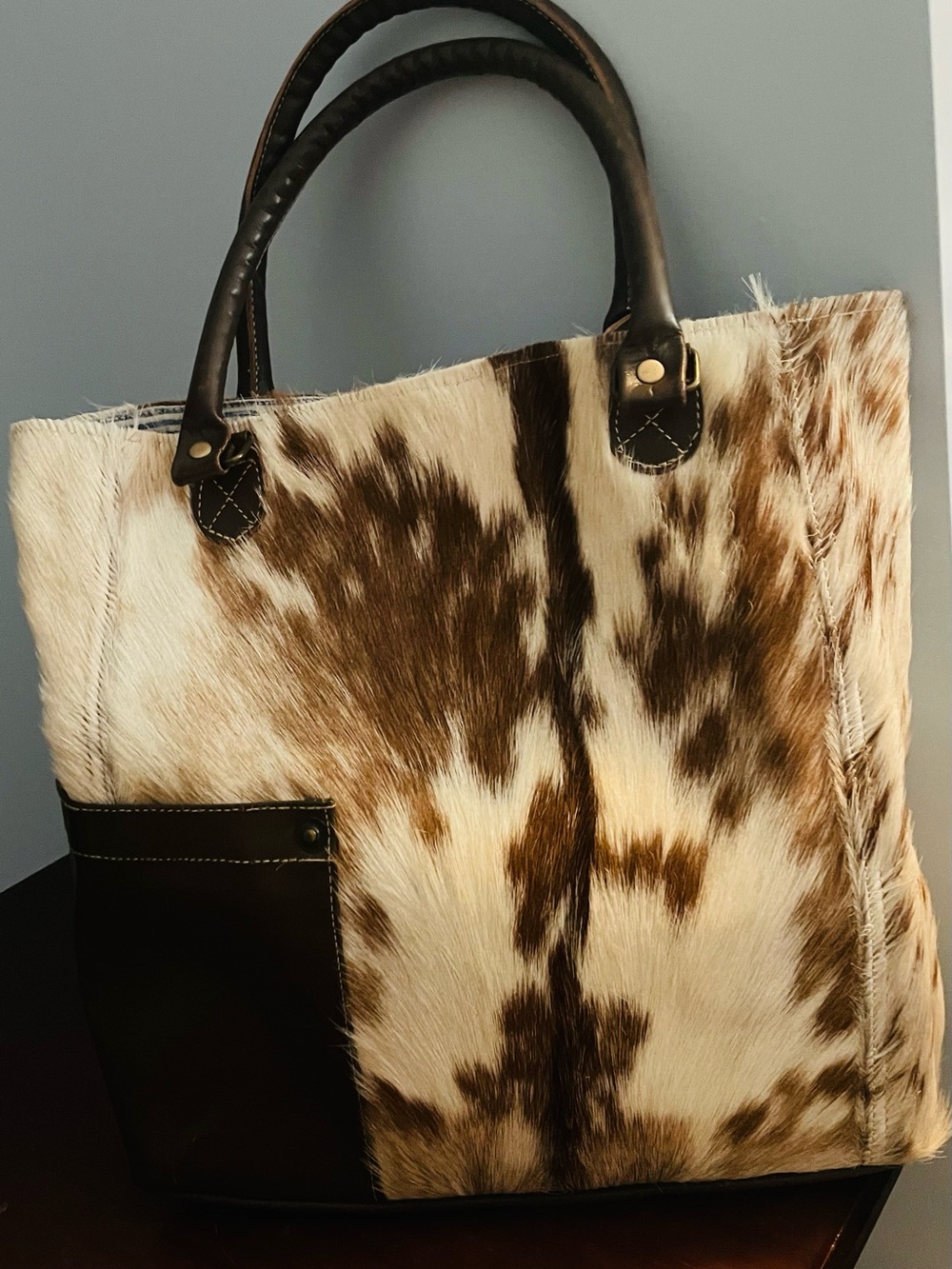 Cowhide Tote Bag with Brown Leather Handles